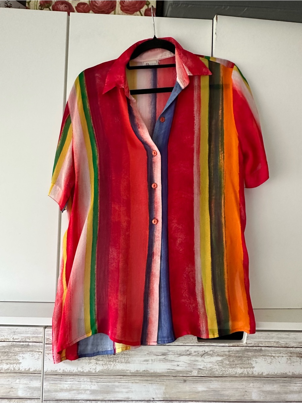 🌈 Bianca Colorful Stripe Button Front Blouse Short Sleeve Lightweight Medium